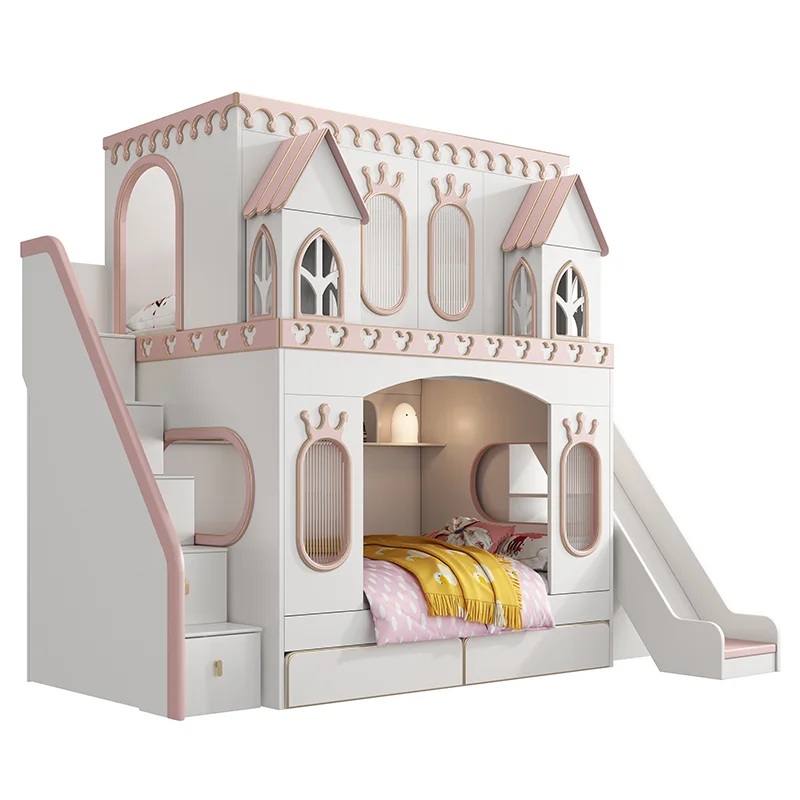 *Dream Castle Princess Bunk Bed for Girls-Modern Solid Wood Tree Hole Design High Low Bed for Bedroom Apartment & School Use