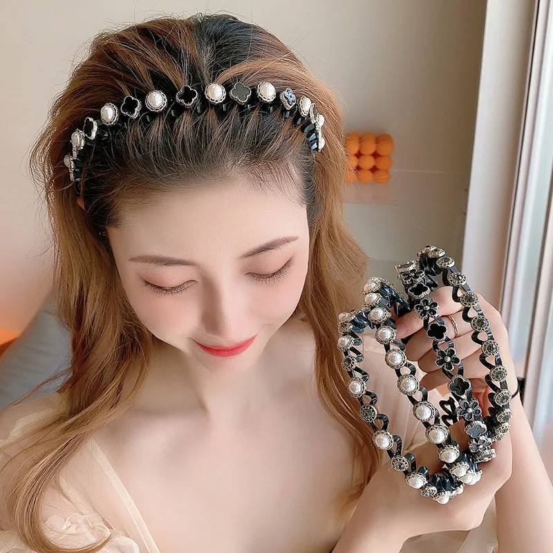 Fashion Rhinestone Hair Hoop Non-Slip Black Wavy Teeth Comb Flower Artificial Pearls HairBand Bangs Tool For Women Girls