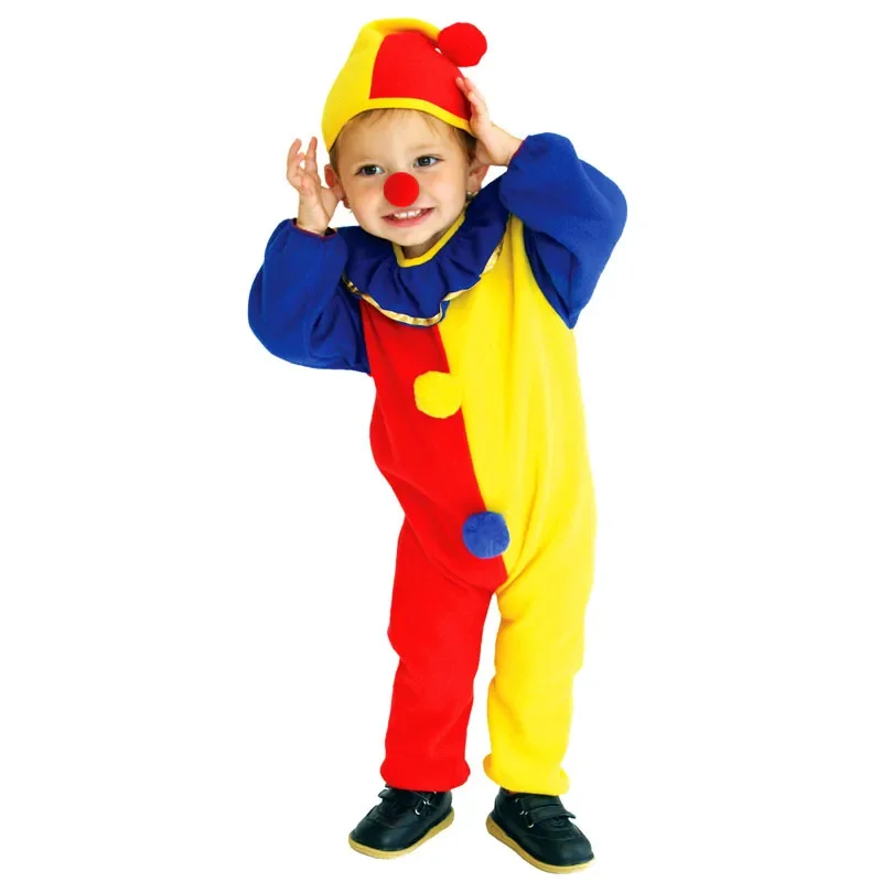 Funny 3pcs Children Clown Clothing Jumpsuit +Hat+Nose Party Halloween Cosplay Costume Props