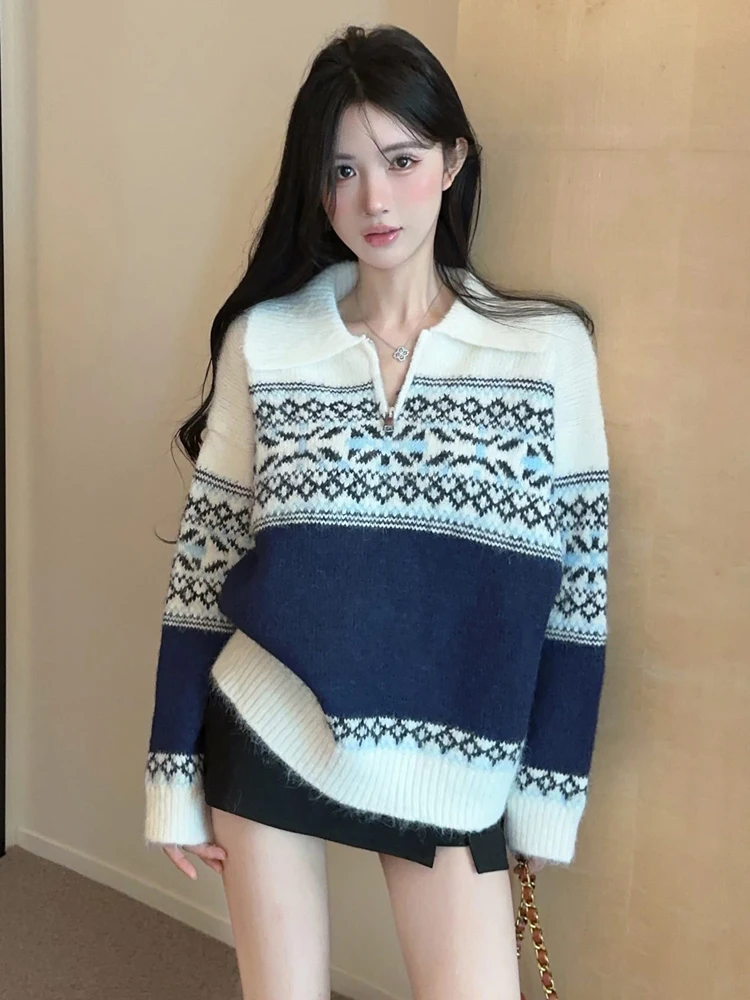 

Korean Temperament Fashion Thick Sweater Fall Winter Women Soft Knitted Lapel Long Sleeve Casual Loose Pullover Tops Femme