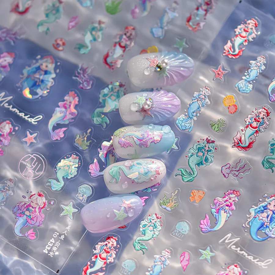 1Pcs 3D Cute Nail Sticker Kawaii Mermaid Self Adhesive Nail Art Stickers Decoration Decals DIY T-4333