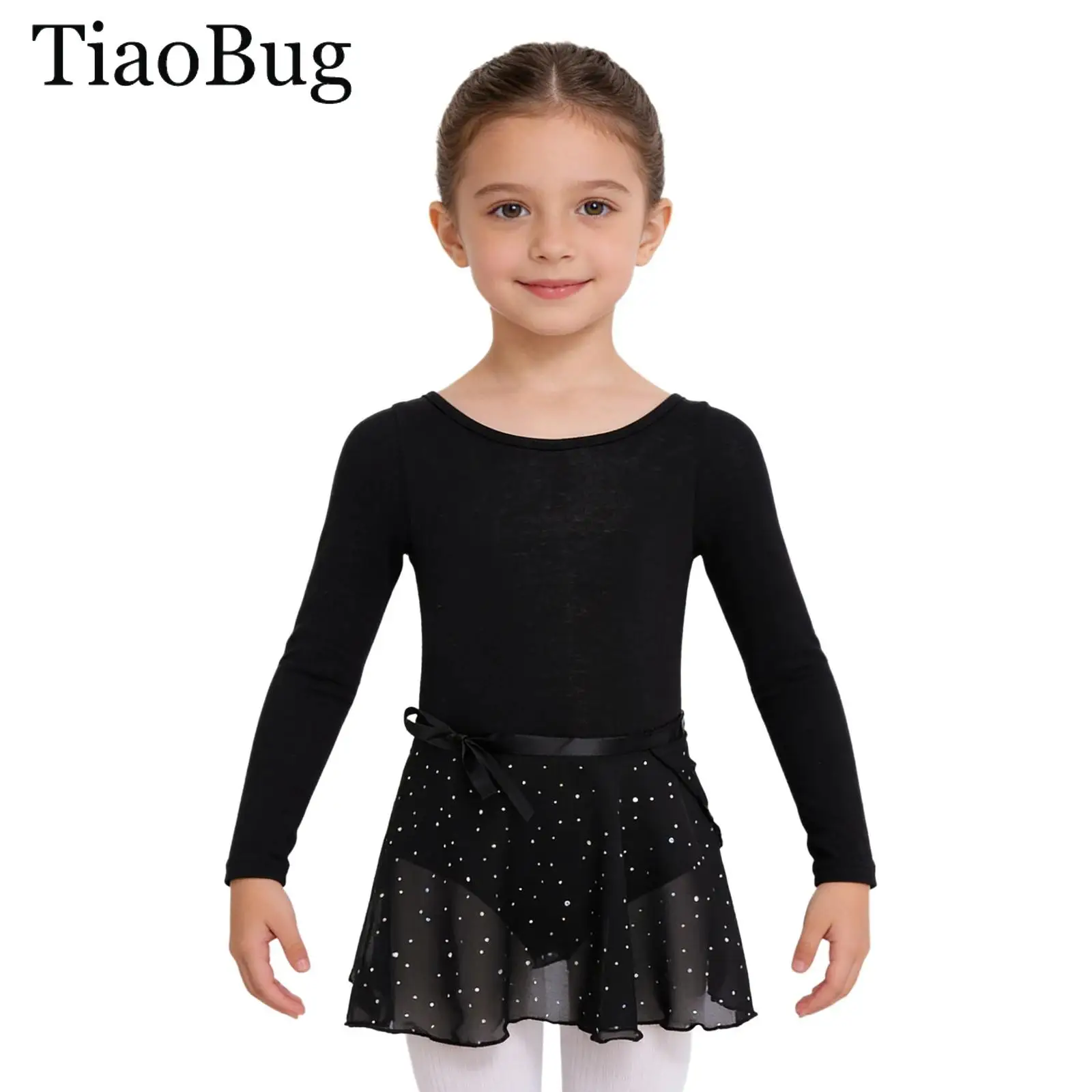 

Балетный купальник с длинными рукавами для девочек, гимнастический танцевальный комбинезон с перекрестной спинкой и юбкой с пайетками, наряды для малышей-балерин, танцевальная одежда