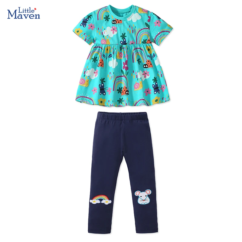 

Летний спортивный костюм для девочек Little maven 2024, комплекты детской одежды, детская одежда с мультяшным радужным рисунком, топ + штаны, одежда из хлопка