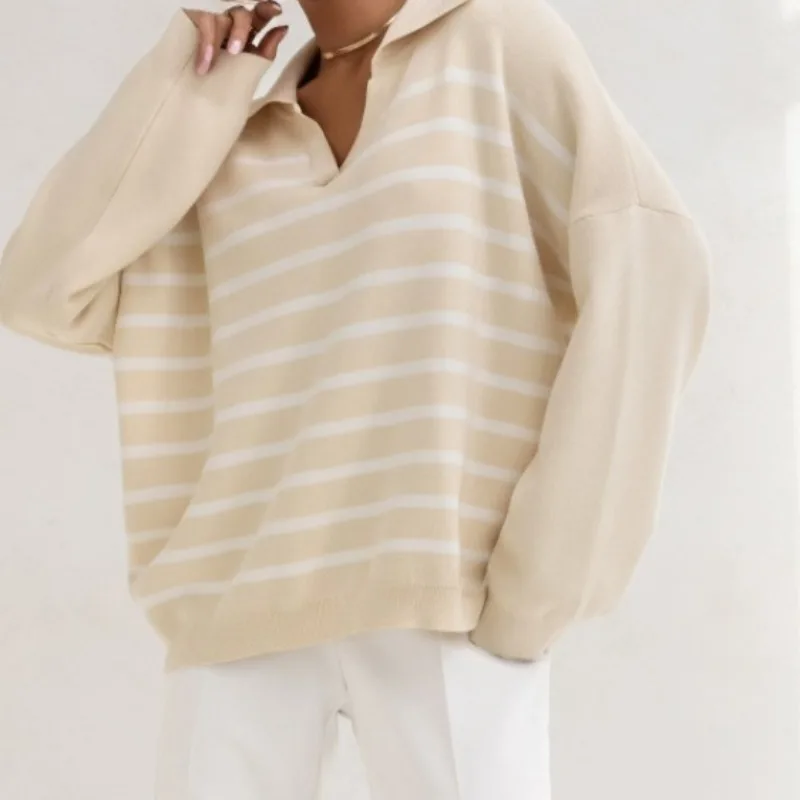 

Новая женская вязаная футболка-поло на весну-осень 2026 года, свободная, универсальная, с полосатым узором