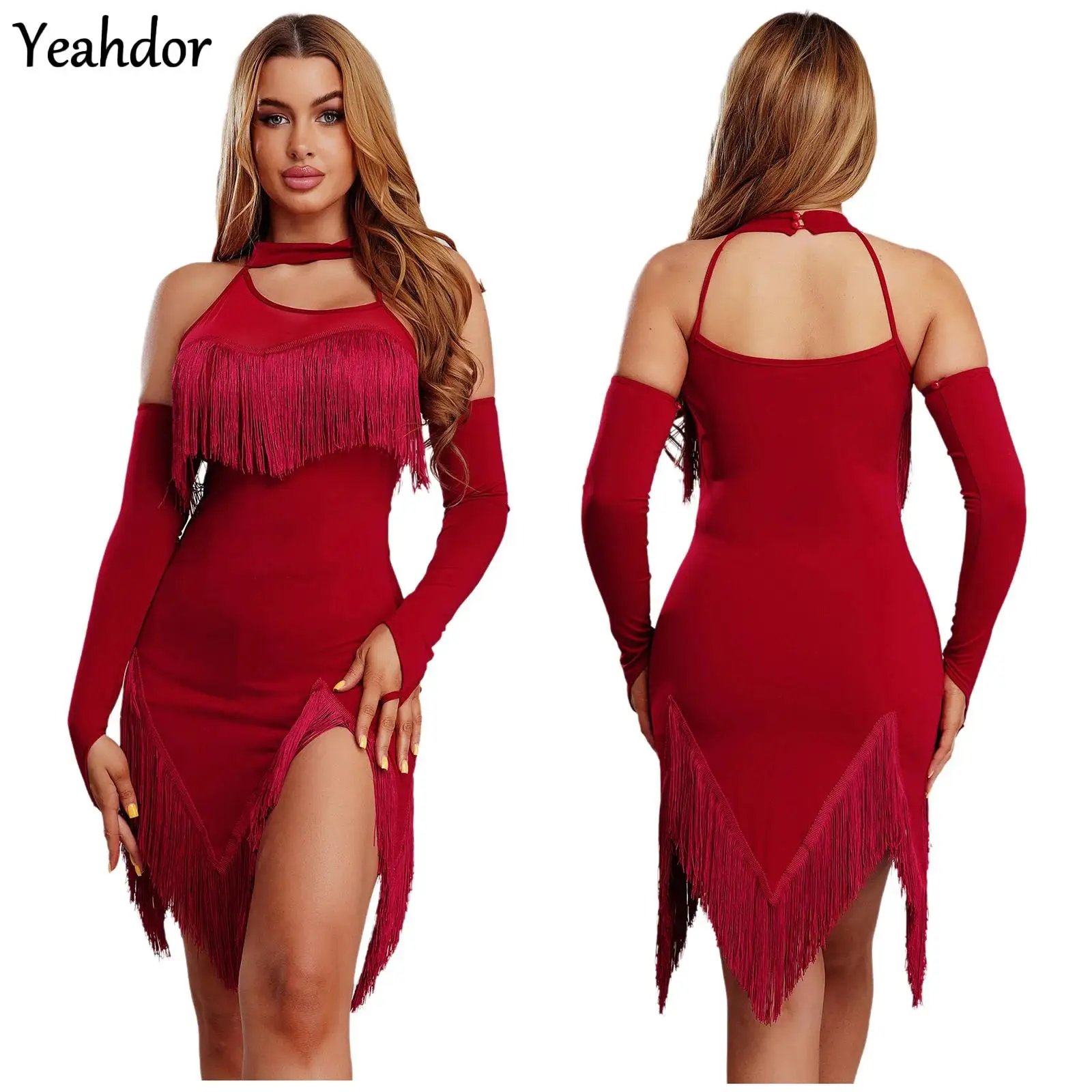 

Женское платье для латинских танцев, платье без рукавов с нерегулярным подолом и кисточками, защитные шорты, танго, ча-ча, сальса, бальные выступления