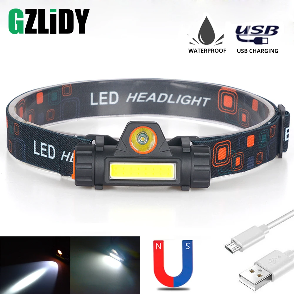 Waterproof LED Headlamp COB Work Light 2 Light Modes with Magnet USB Headlight Built-in Battery Suit for Fishing, Camping, Etc.