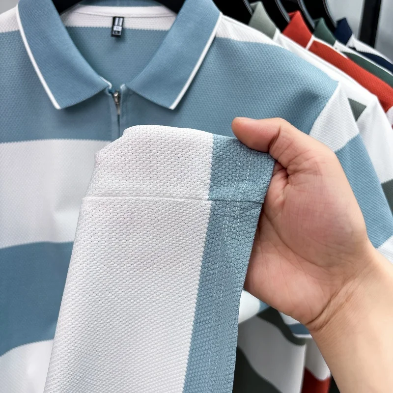 Modisches gestreiftes, farblich abgesetztes Kurzarm-Poloshirt für Herren High-End-Marke Pony-Stickerei Sommer, Golf, Freizeit, neues T-Shirt mit halbem Reißverschluss – Detail 23