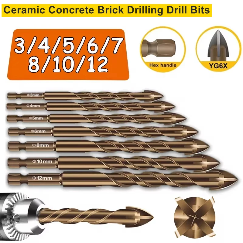 

3/4/5/6/8/10/12mm High-Four-edged Serrated Eccentric Drill Bits Set For Glass Ceramic Concrete Brick Drilling Tools Bits Set