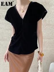 [EAM] Women Black Velvet Brief Elegant Pleated Waist T-shirt New V-Neck Short Sleeve Fashion Tide Spring Summer 2024 1DH7127