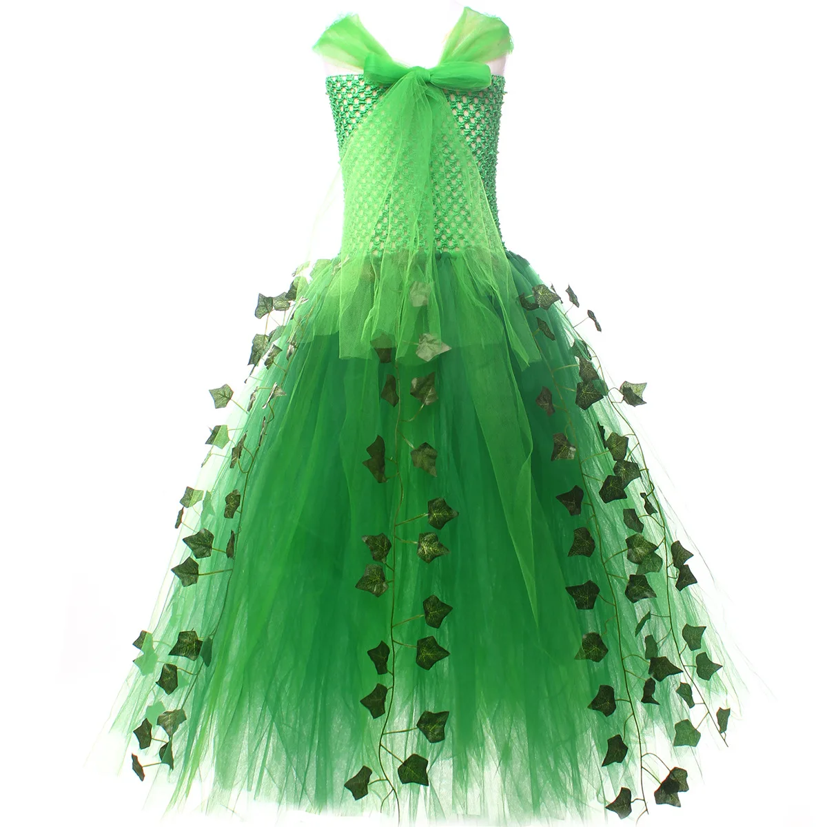 Halloween Green Forest Fairy Long Mesh Tutu Dress Flowy Layered Tulle Gown Sleeveless A-line Outfit Garden Holiday Elegant Wear