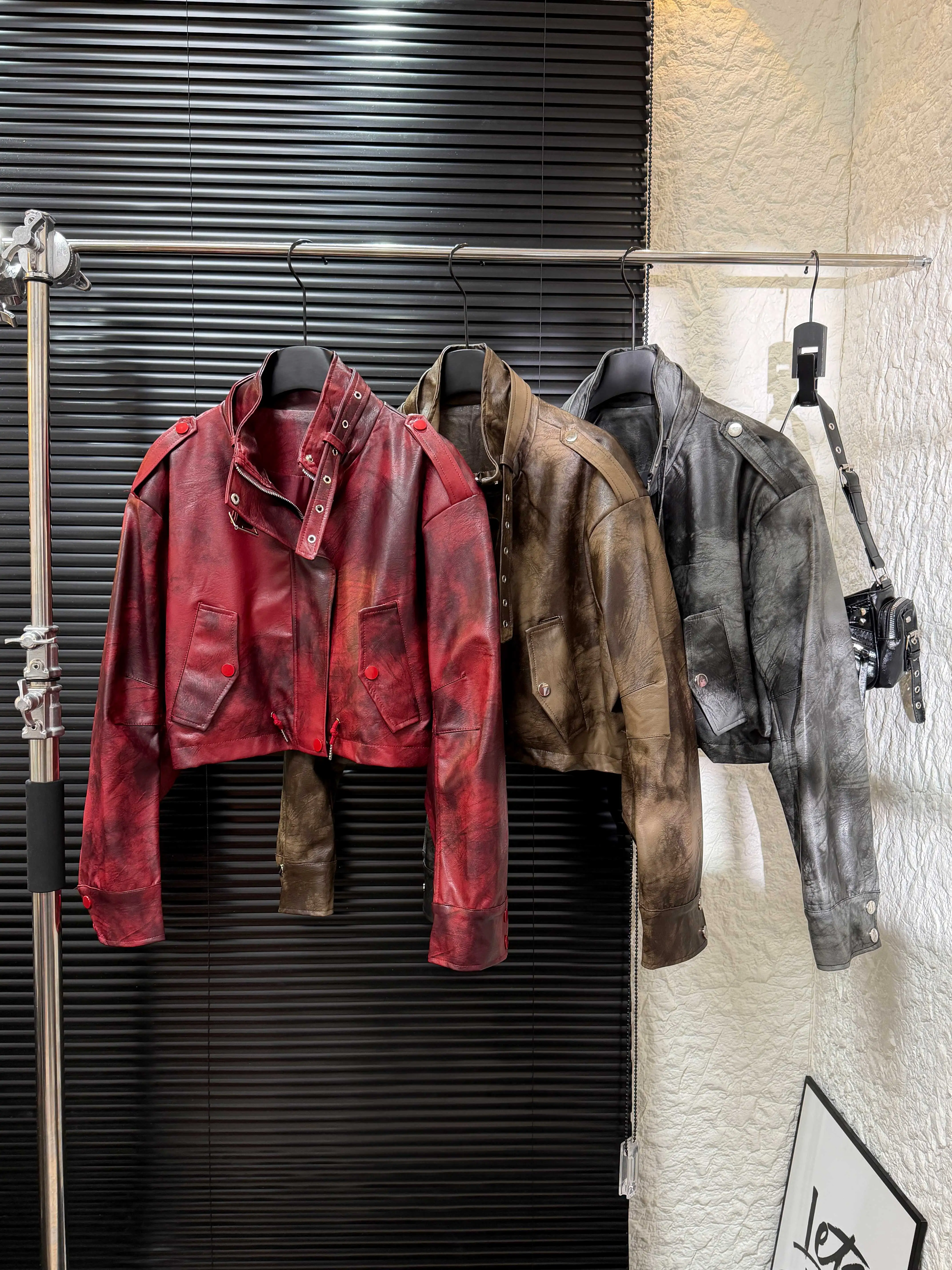 Women's Wasteland Style Tie Dye Color Long Sleeve Pu Leather Jacket Lady Motorcycle Stand Collar Faux Leather Short Outwear Top