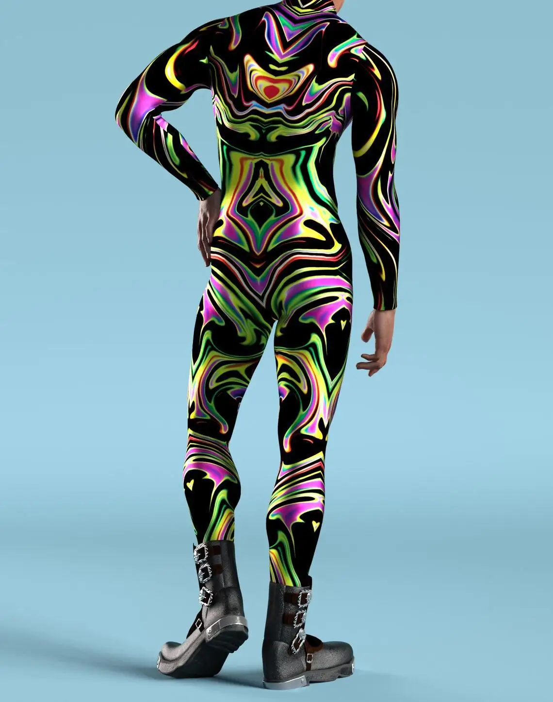 Mehrfarbiger Digitaldruck-Jumpsuit für Damen, Cosplay, Halloween, Karneval, Kostümparty, Performance, Reißverschluss, elastischer, schmaler Bodysuit – Detail 20