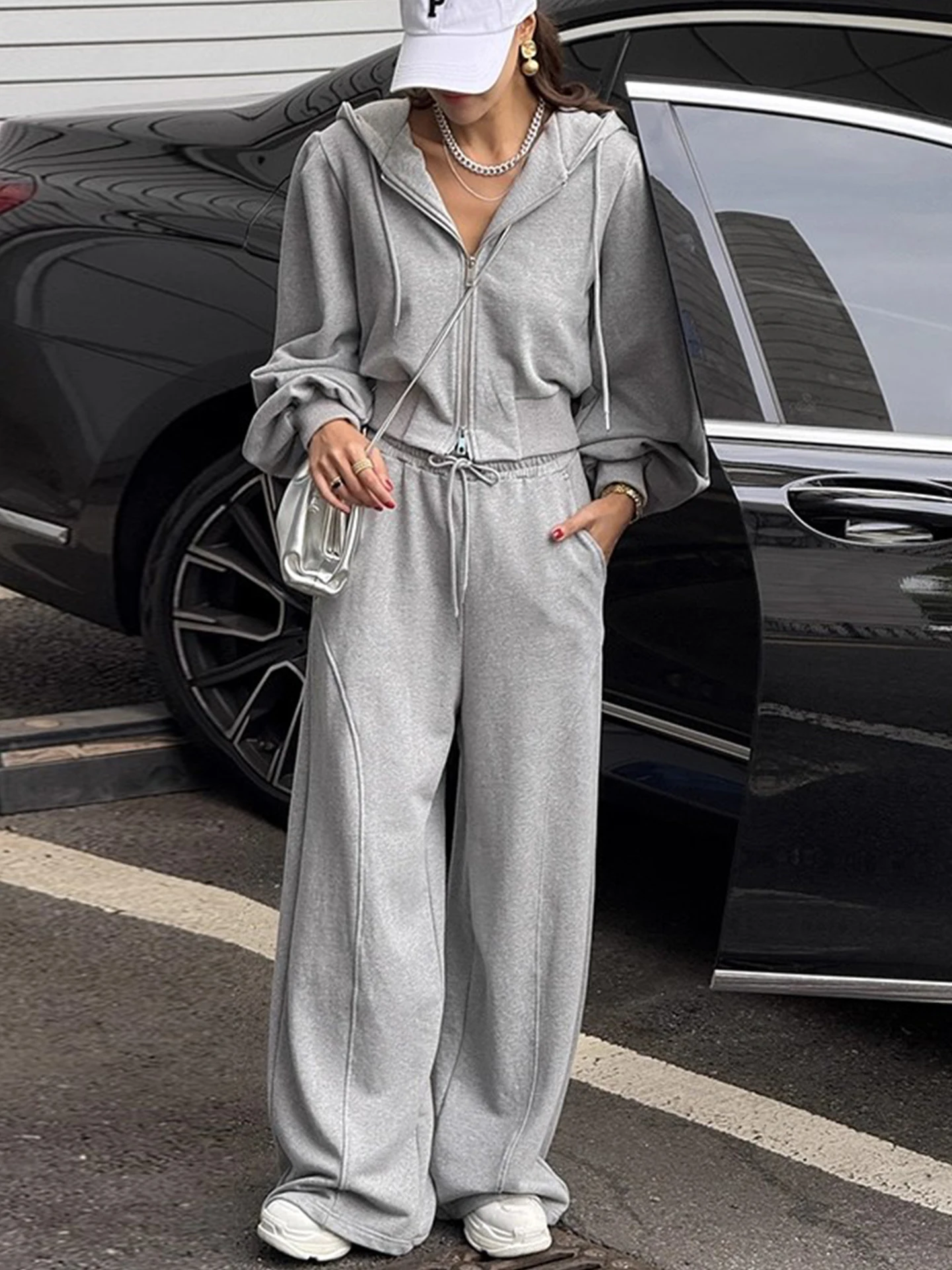 

Faionable Double Zipper ort Hoodie Jaet Women's Casual High Waist Slimming Long Pants Two-Piece Set Autumn Collection