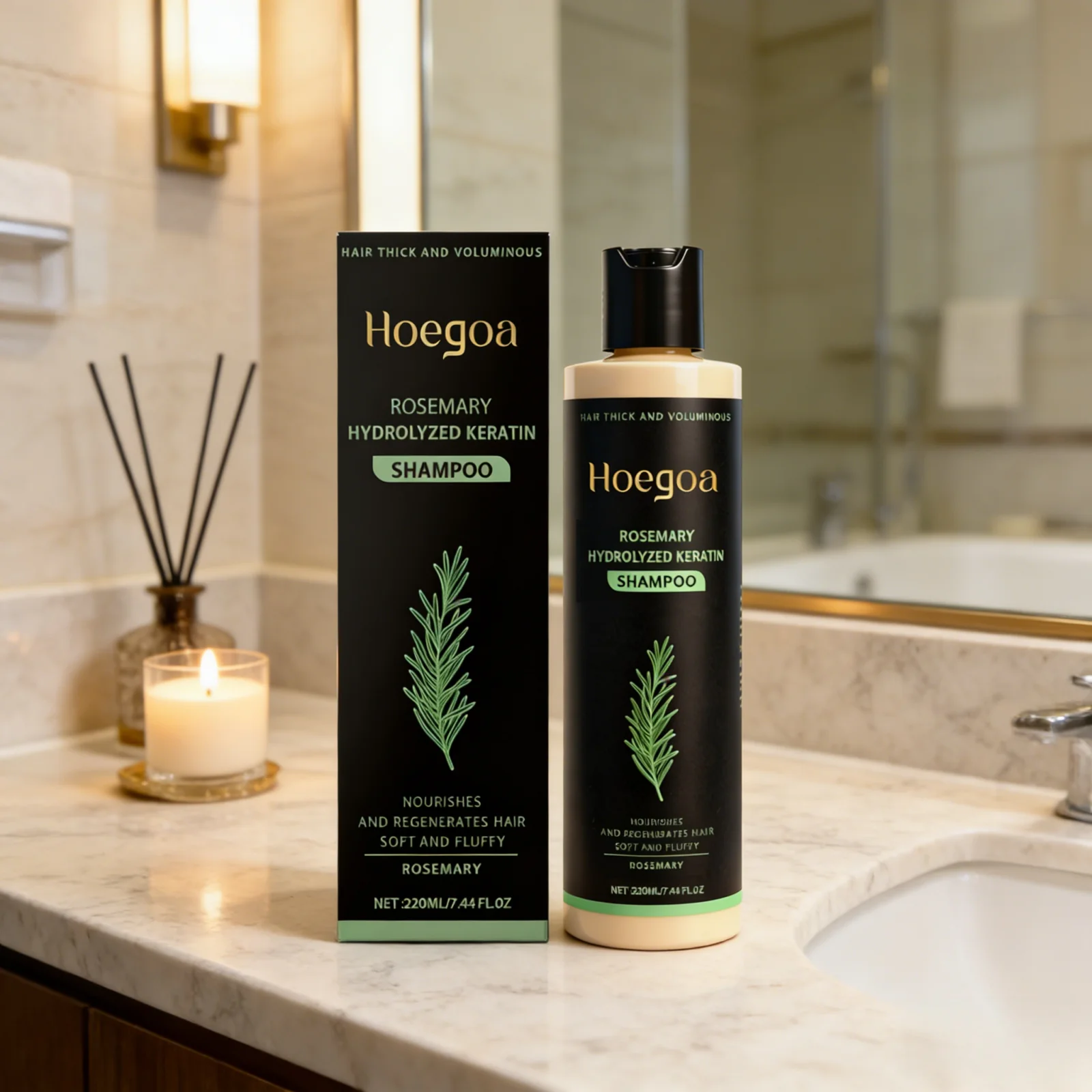 Champú de Queratina Hidrolizada con Romero Hoegoa, Fortalecedor, Limpiador, Ligero, Tratamiento para la Caída del Cabello, Champú para el Crecimiento del Cabello