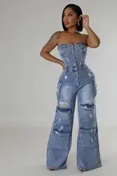 Tuta da donna autunno Sexy senza maniche senza spalline Multi-tasca tuta Cargo in Denim elastico Streetwear buco gamba larga Jeans tuta