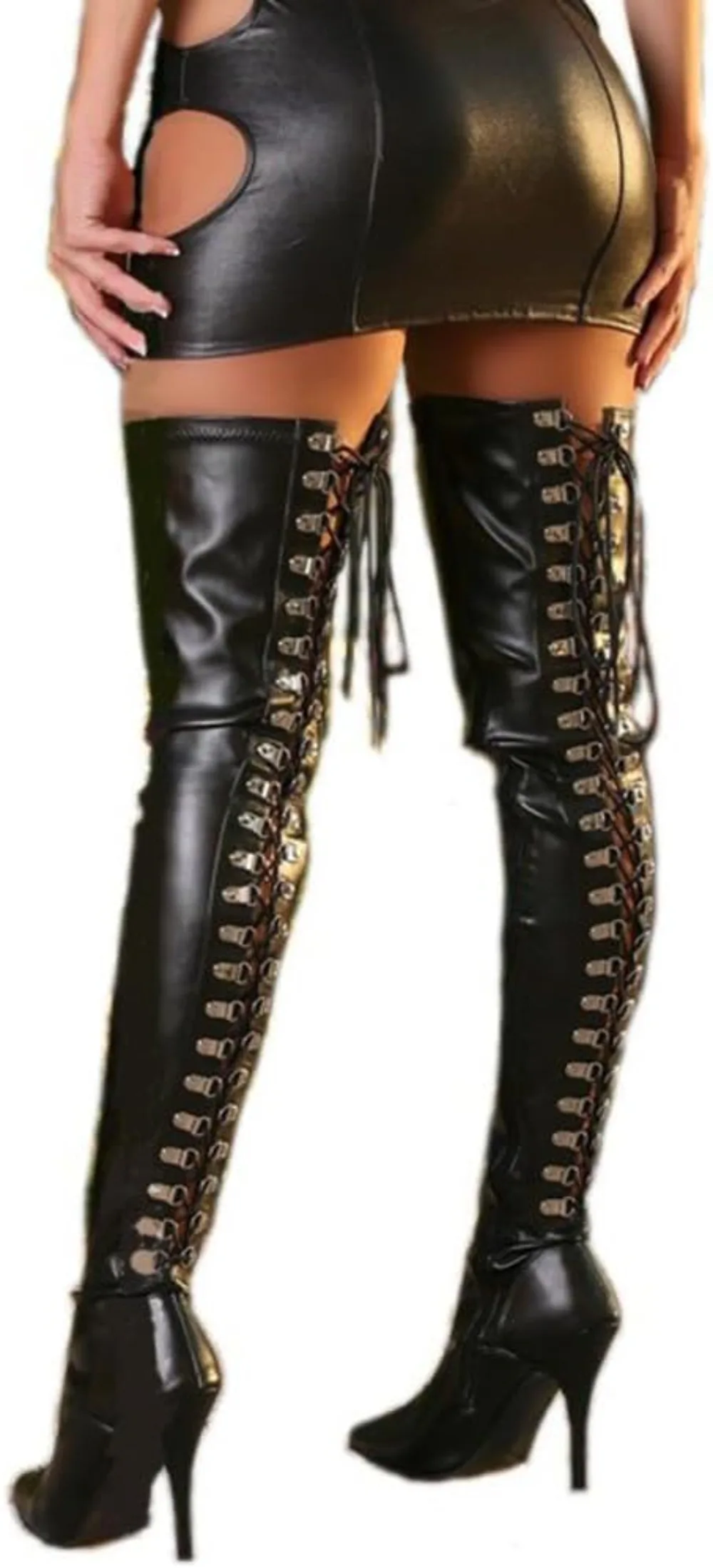 Damen Leder Overknee Gothic Punk Schnür-Leggings aus PU-Leder, Rock Club Moto Leggings – Detail 2