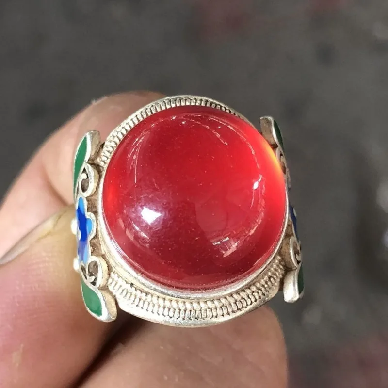 Antique‑Style Cloisonne Red Bead Ring, Imitation Qing Qianlong Dynasty Mark Retro Collectible Curio Finger Accessory