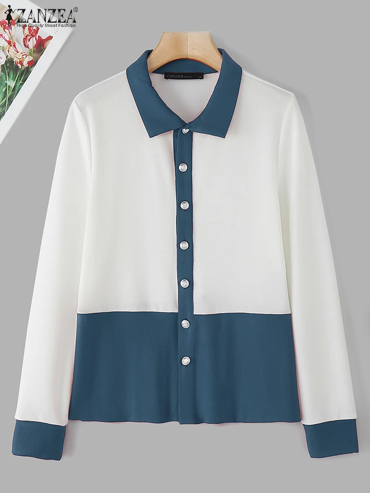 

ZANZEA 2025 Autumn Vintage Color Block Sweater Fashion Korean Office Lady Tops Waisted Buttons Cardigan Casual Knitted Tunics