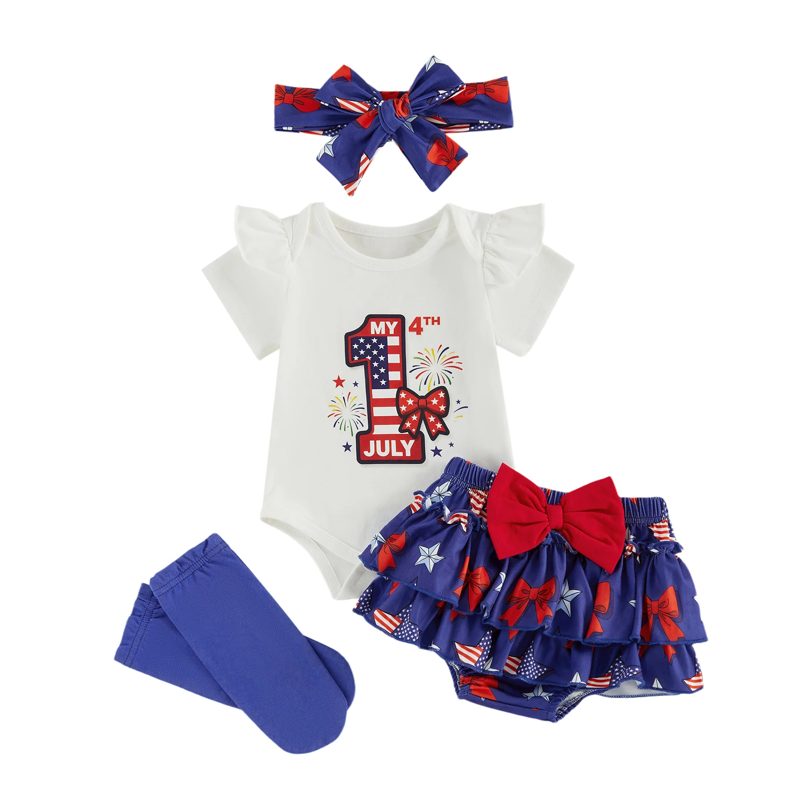 

Наряды для маленьких девочек на 4-е июля: комбинезон с короткими рукавами и принтом в виде банта, многослойные шорты с рюшами, милая повязка на голову и носки.