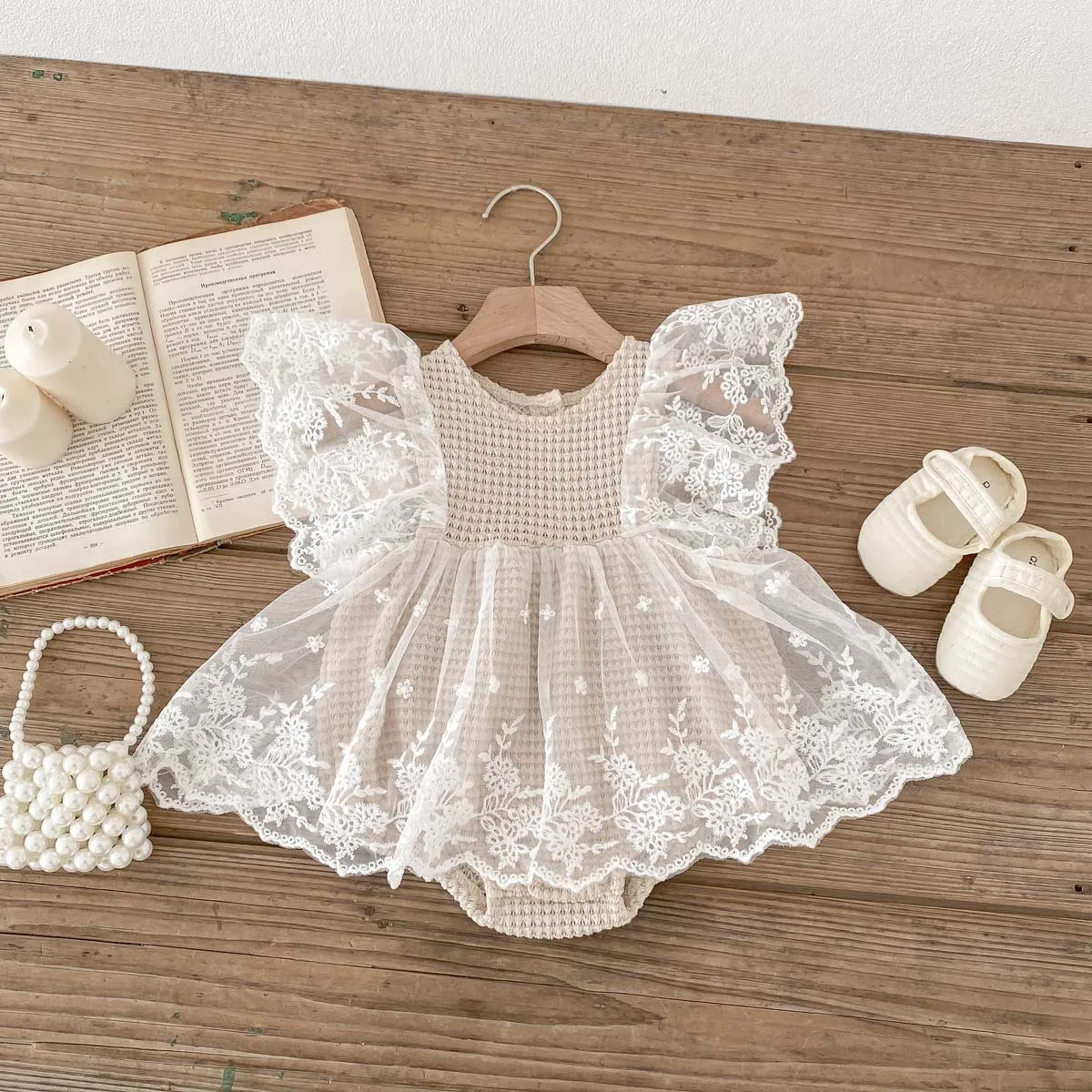 Summer False 2pcs Infant Baby Girls Party Lace Tutu Skirt Bodysuit Botique Flare Sleeve Waffle One Piece Jumpsuit Clothing