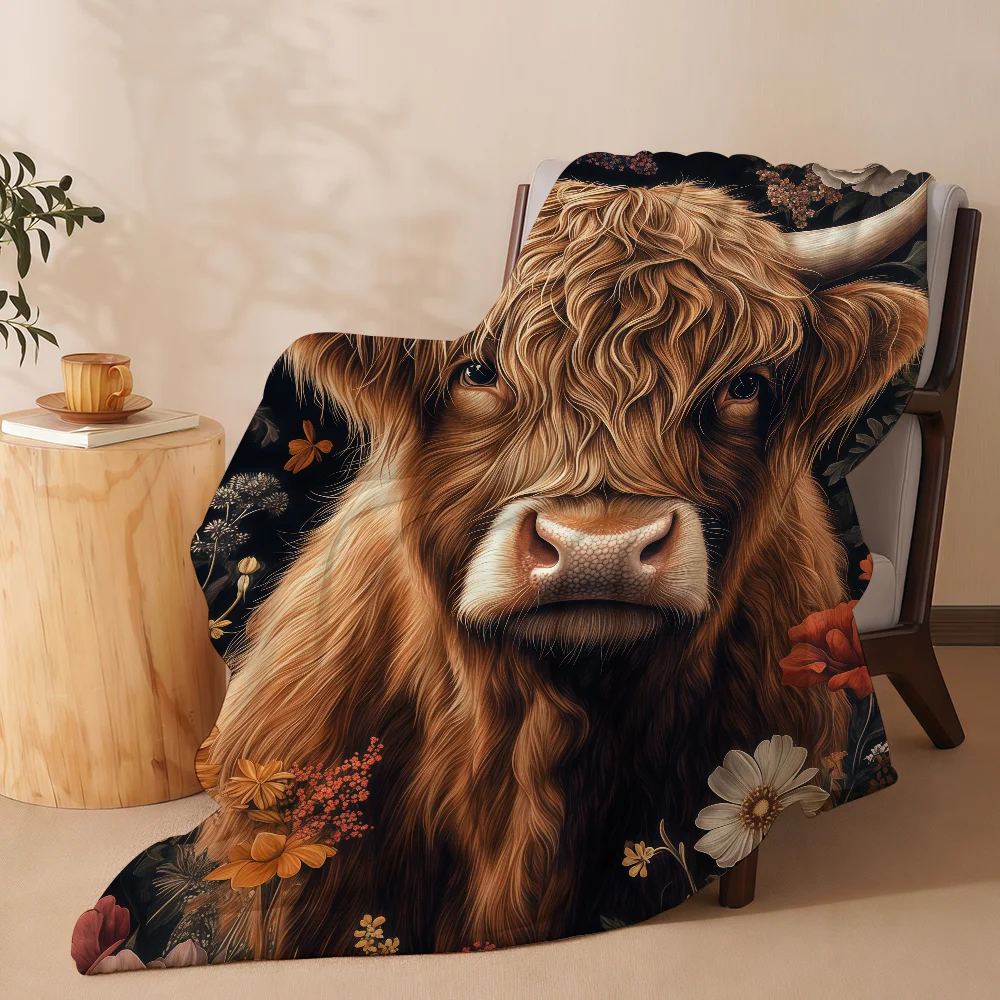 Highland Cow Flower Blanket Soft Warm And Thick Perfect For Bedroom Living Room Bed Sofa Camping Picnic Office Gift