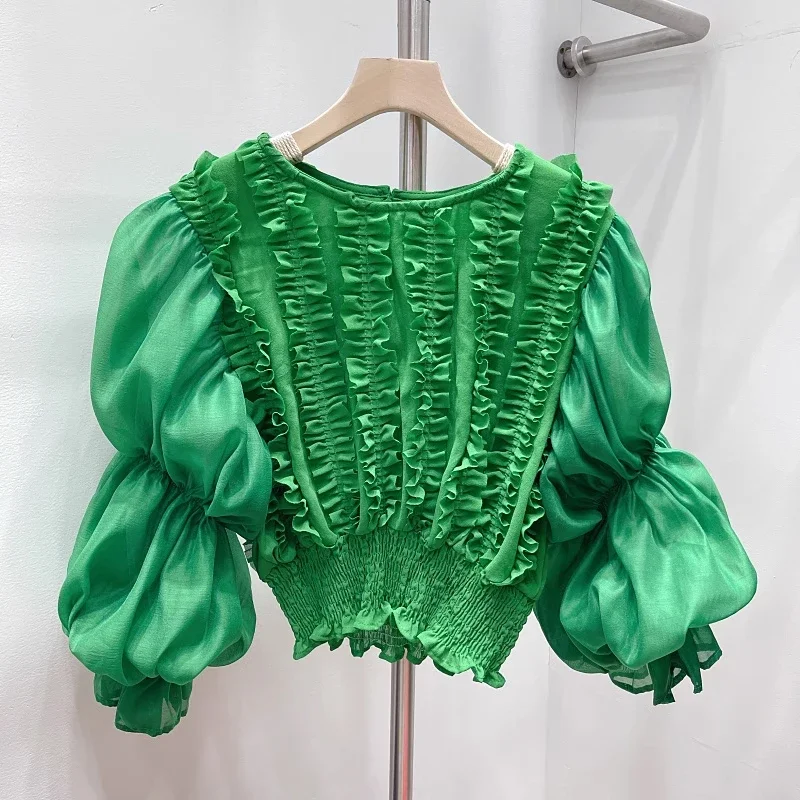 Korean Fashion French Wood Ear Puff Sleeve Chiffon Shirt Woman 2023 Spring New Foraign Pleated Waist Fairy Blouse Tops Girl