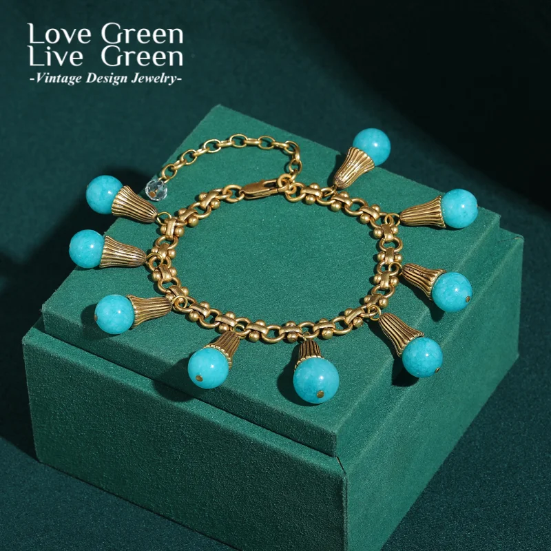 

Vintage Turquoise Tassel Balls Charm Bracelets Antique Gold Color Drop Blue Jewelry Luxury 2026 New Trends Festival Gifts Party