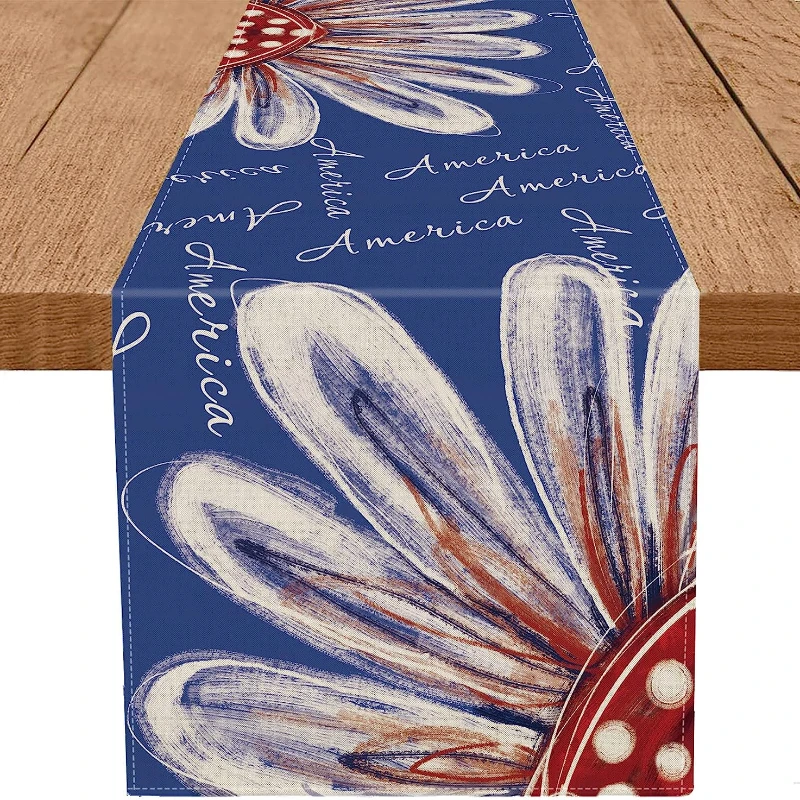 

Floral Linen Table Runner Patriotic Memorial Day Print Decor Table Runner Independence Day Holiday Party Kitchen Accessories