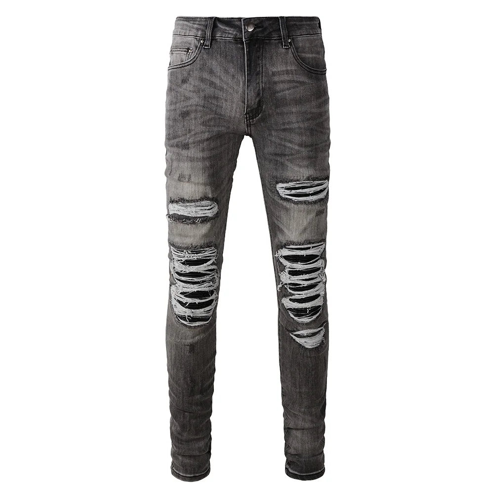 

Men Black Leather Patch Jeans Streetwear Holes Ripped Distressed Biker Pants Gray Stretch Denim Skinny Tapered Trousers