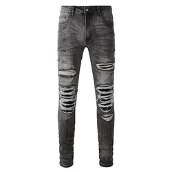 Men Black Leather Patch Jeans Streetwear Holes Ripped Distressed Biker Pants Gray Stretch Denim Skinny Tapered Trousers