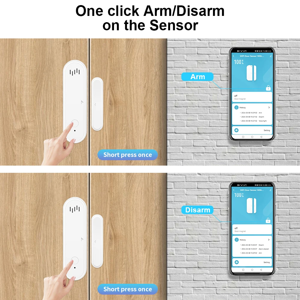 Tuya WiFi Sensore per porte e finestre Suono da 80 dB Allarme di sicurezza WiFi Rilevatori di porte aperte e chiuse APP Supporto per il controllo remoto Braccio e disesa