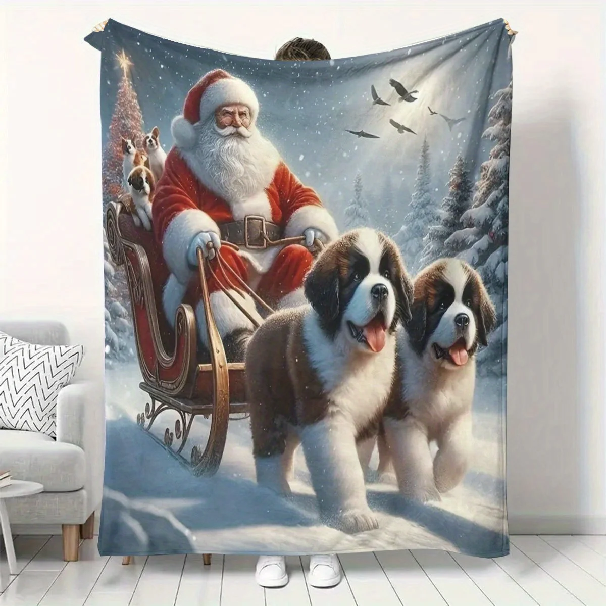 A Lovely Blanket Featuring Dogs And Santa Claus Patterns, Perfect for Napping in Dorms Or Offices. This Printed Fleece Throw Mak