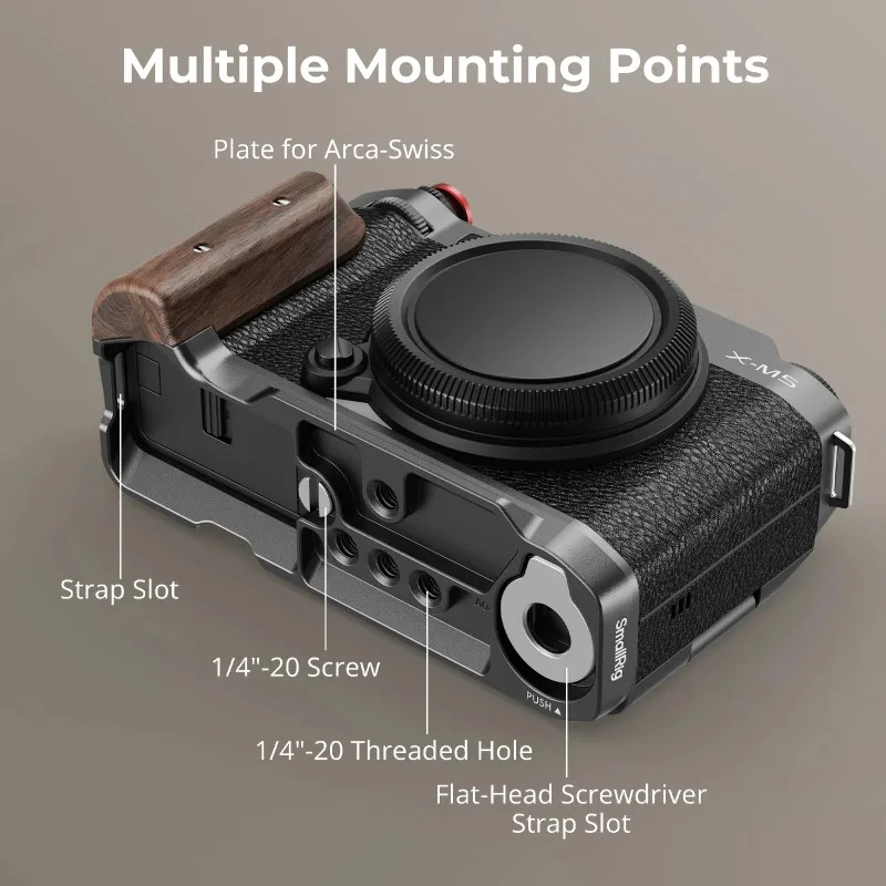 SmallRig X-M5 Camera Cage L-Shape Mount Plate with Wooden Handle for FUJIFILM X-M5 Black and Sliver Can Choose 5260 5261