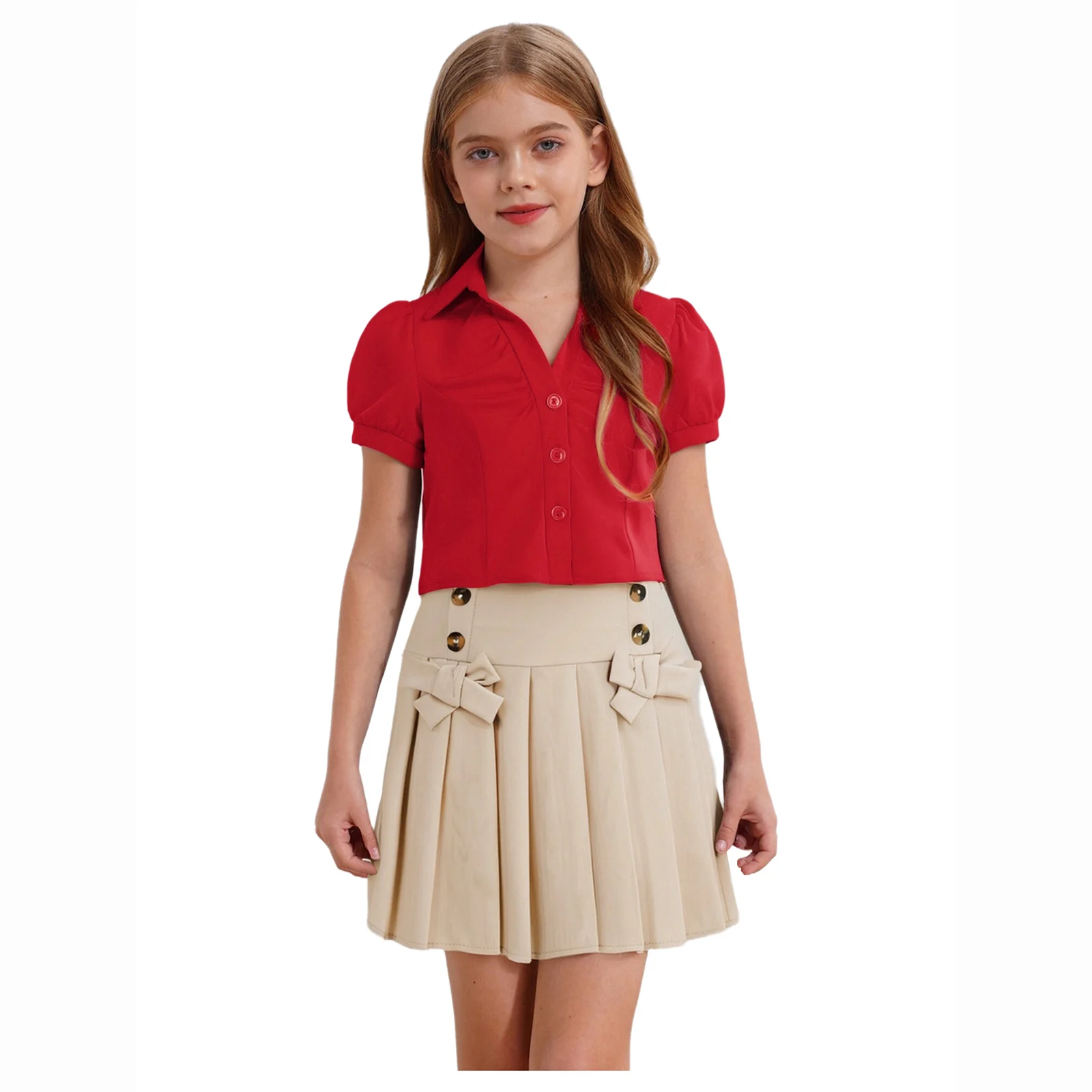 

Summer Girls' Suits Turn-Down Collar Puff Sleeves Ruched Top with Bowknot Pleated Skirt Two-piece Set Sweet Kids' Clothing Sets