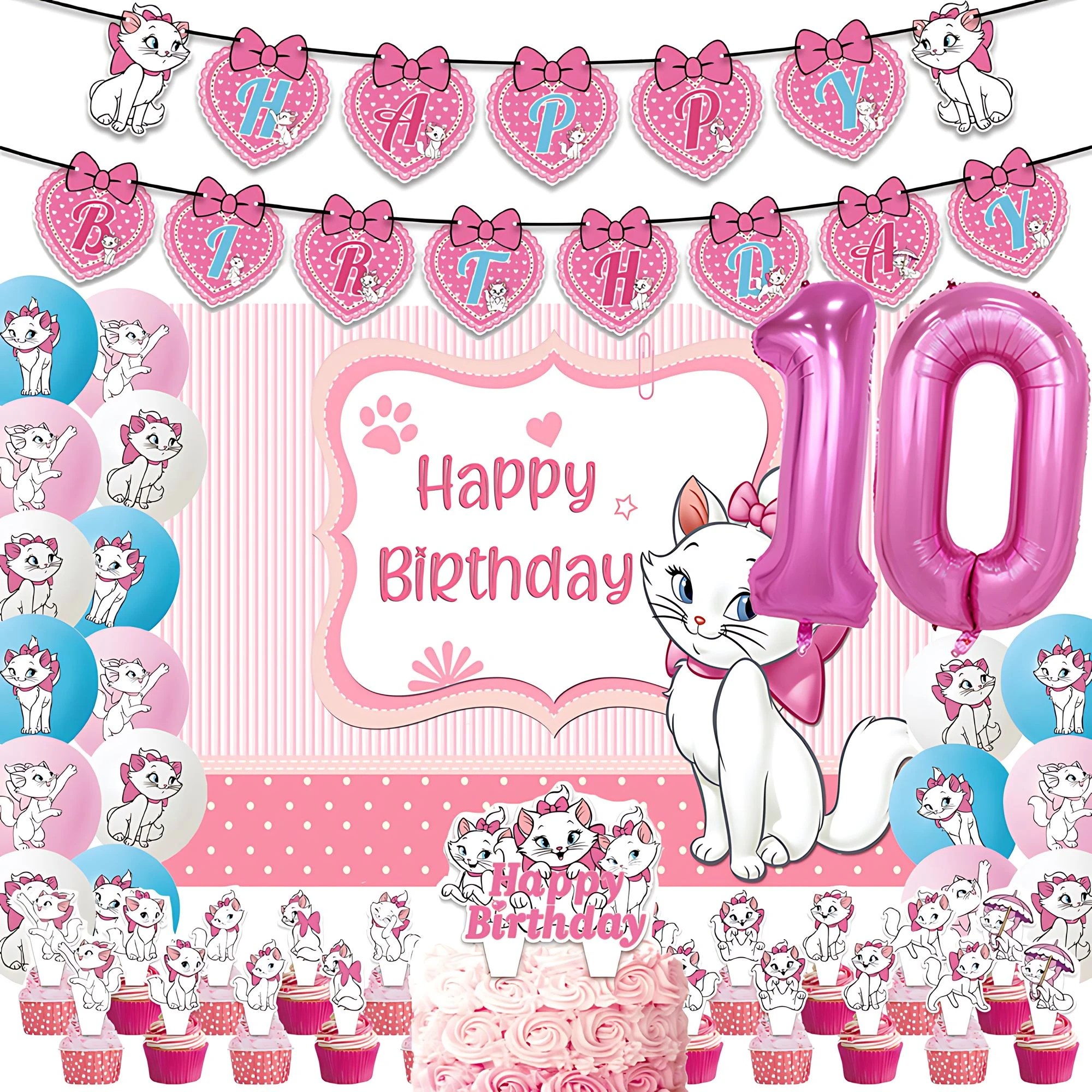 Cute Pink Marie Cat The Aristocats Birthday Party Balloon Banner Background Cake Topper Baby Party Decoration Supplies Girl Gift