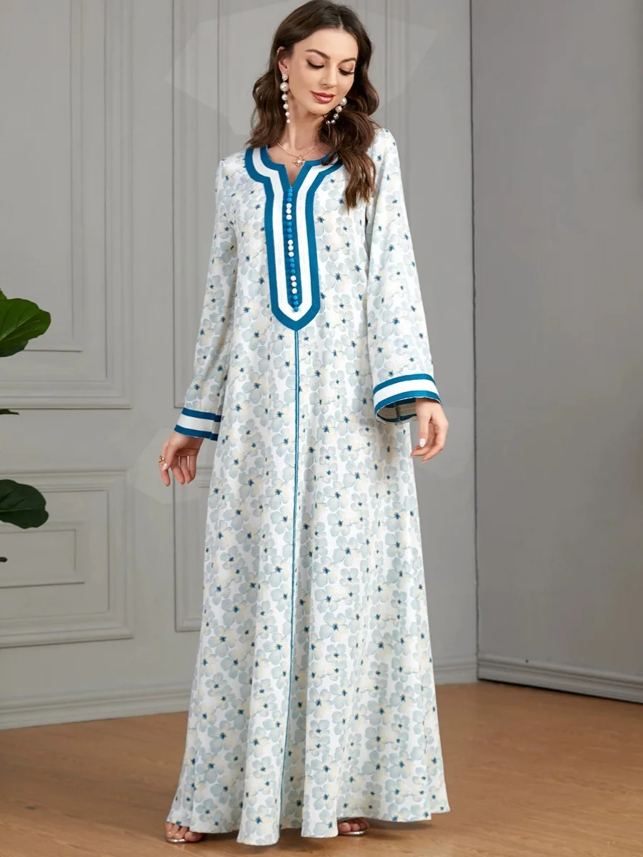 

Indonesia Middle East New Printed Long-Sleeved Women's Dress Casual Stitching Embroidered Robe