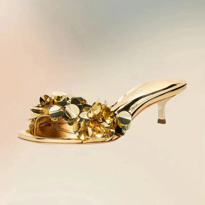 

Gold Sequins Design Open Toe Slippers Slip On Women Shoes Thin High Heels Fashion Party Banquet Dating 2025 Zapatos Para Mujere
