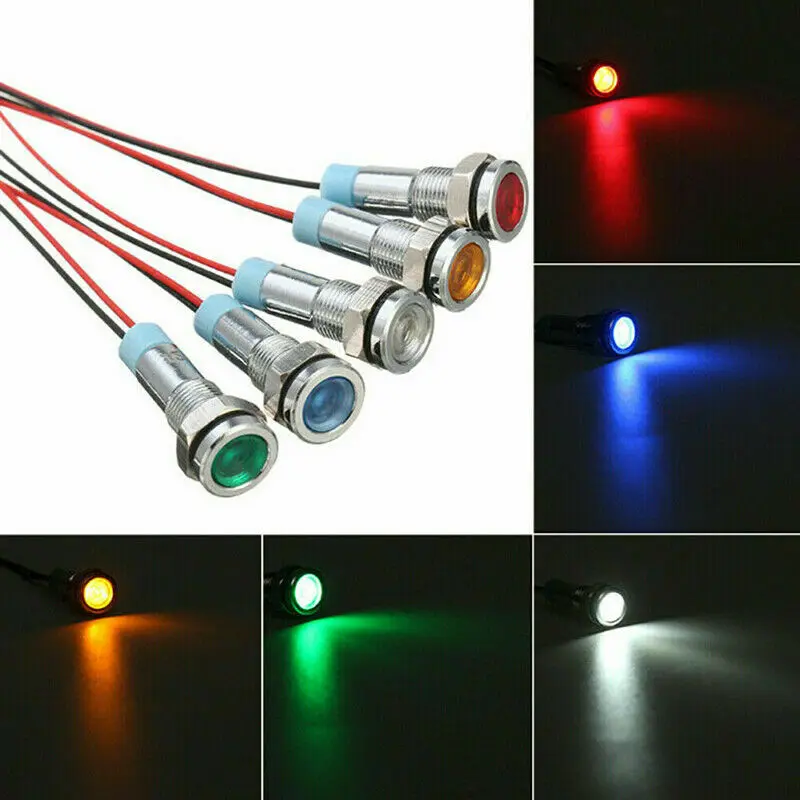 5Pcs Metal Waterproof 6/8/10/12mm 12-24VDC LED Signal Indicator Light with Wire Car Boat Dash Dashboard Panel Warning Pilot Lamp