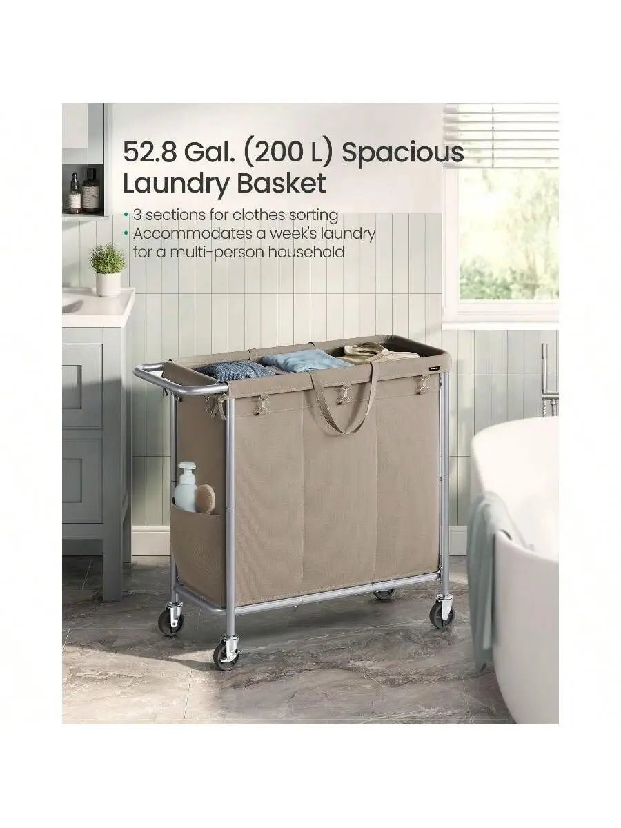 SONGMICS Laundry Basket with Wheels, 3-Section Rolling Laundry Hamper, 52.8 Gallons (200L), Removable Liner