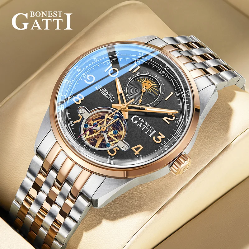 

Мужские многофункциональные деловые часы BONEST GATTI 5808 с автоматическим механическим механизмом, стальным браслетом и отображением даты.