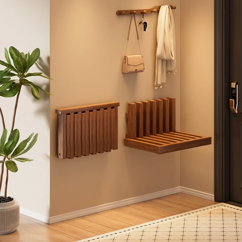 1pc Wall Mounted Multifunctional Solid Wood Folding Stool, Shoe Changing Stool, Suspended Storage Stool, Suspended Storage Rack