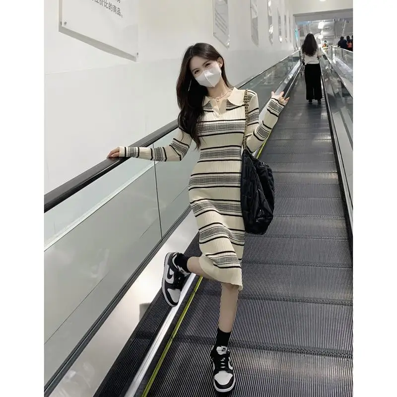 Shpmishal 2024 Early Autumn French Dress Retro Striped Medium To Long Match Knitted Long Sleeve Dresses Female Clothing