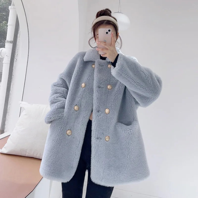 All-wool Granular Cashmere Lambswool Fur Coat Women's Long Double-row Shearling Fur Coat