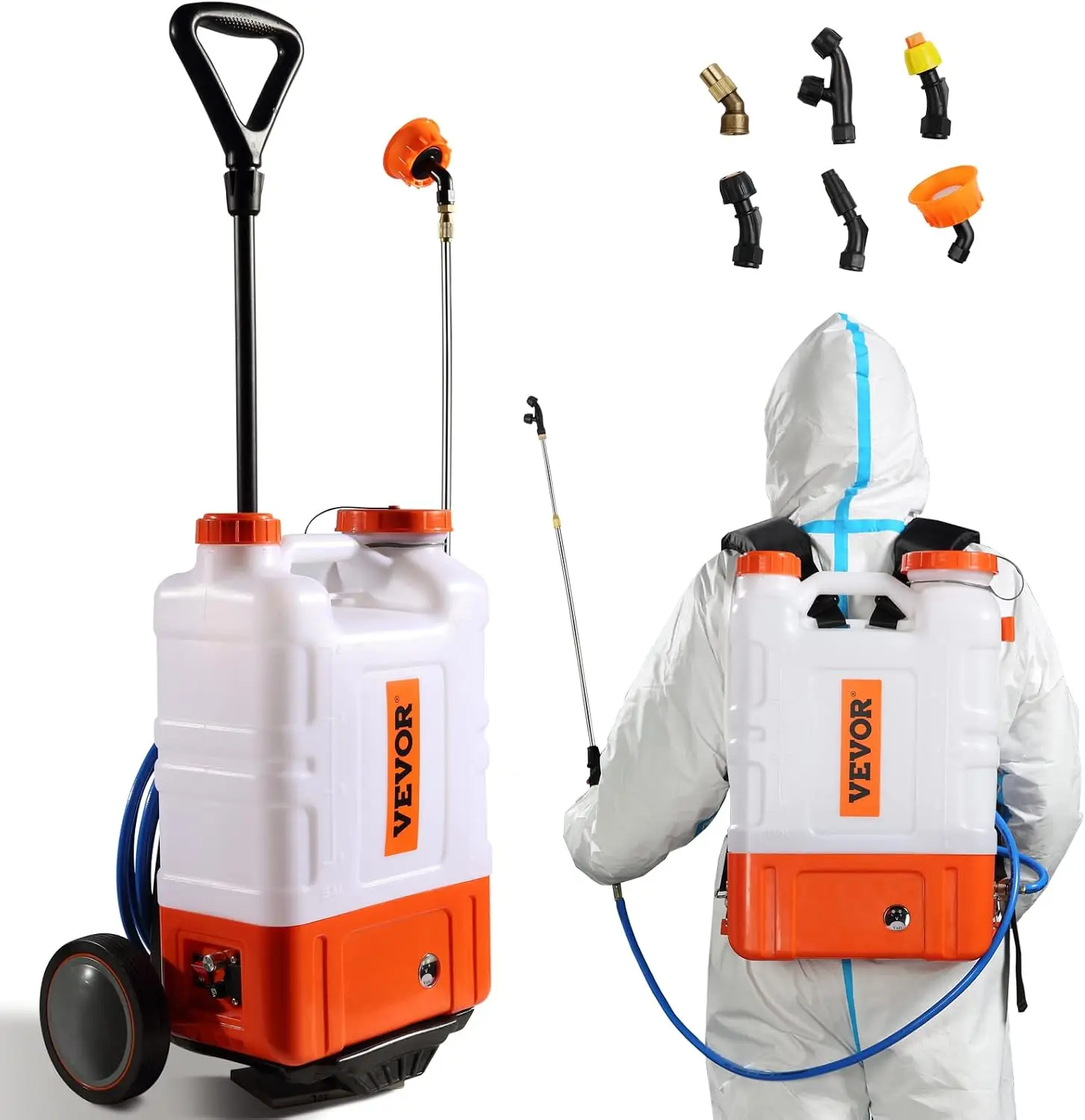 4 Gallon Battery Powered Backpack Sprayer with Wheeled Cart, Adjustable 0-94 PSI, 13FT Hose, 6 Nozzles, 2 Wands Included, Wide M