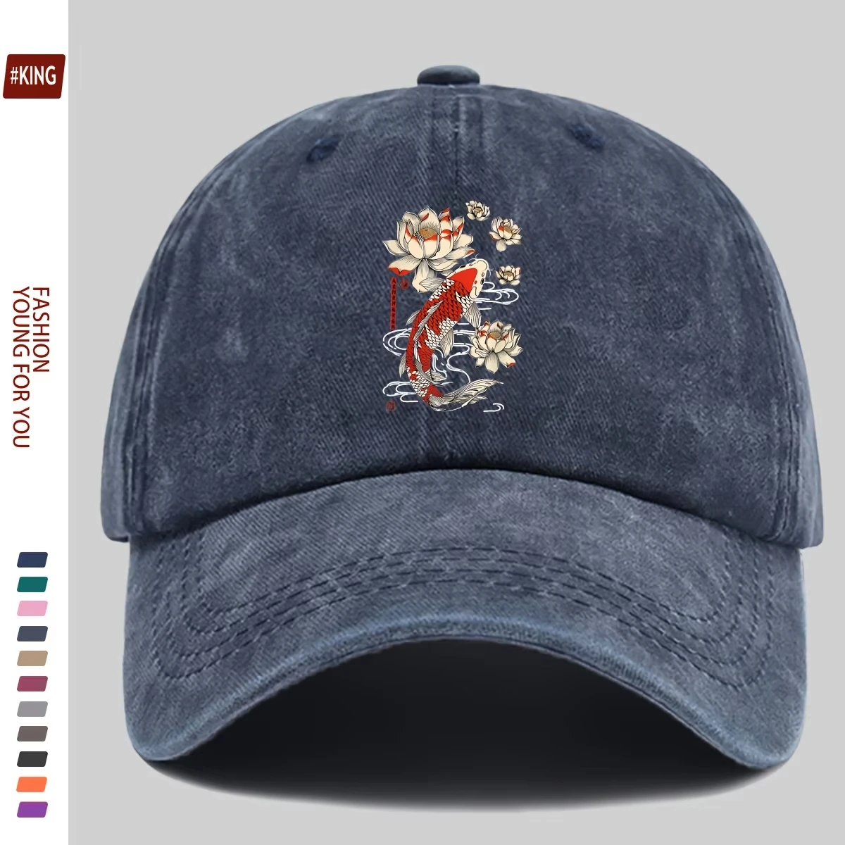 new Vintage Washed Black Baseball Cap Koi Lotus Print Adjustable Dad Hat Unisex Cotton Casual Streetwear for Japanese Art Fans