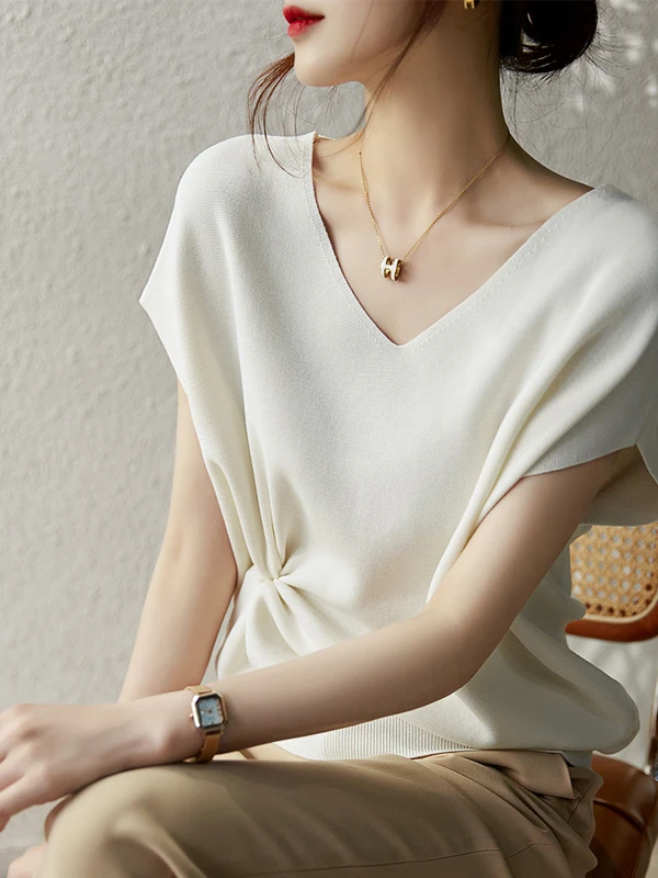 Outlet Thin Batwing Sve Ice Silk Knitted V-ne ort Sve T-irt Women's Faionable Casual Sle Loose Fit Knitwear
