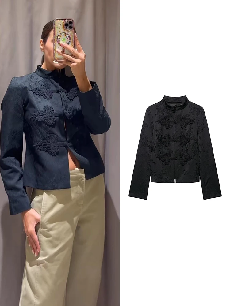 TFMLN New Arrival Women's Suit Top Vintage Stand Collar Rope Knot Decoration Slim Fit Long Sleeve Coat Fashion Autumn Clothes