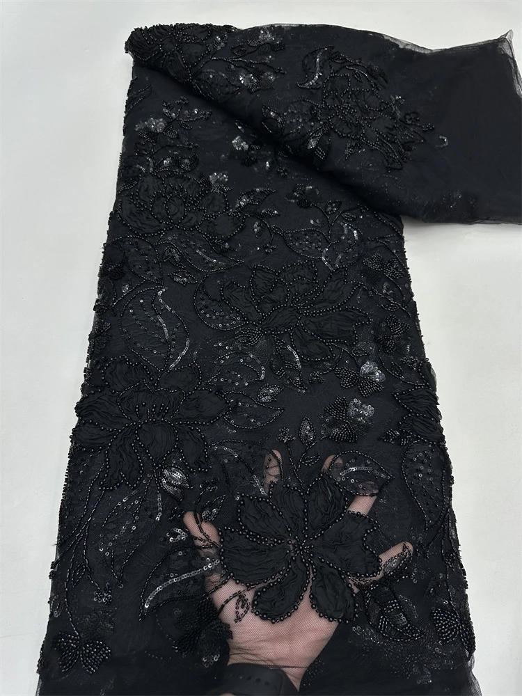 豪華なアフリカビーズネットメッシュレース生地 2025 ビーズ刺繍スパンコールフレンチチュールレースナイジェリアの結婚式のパーティードレス