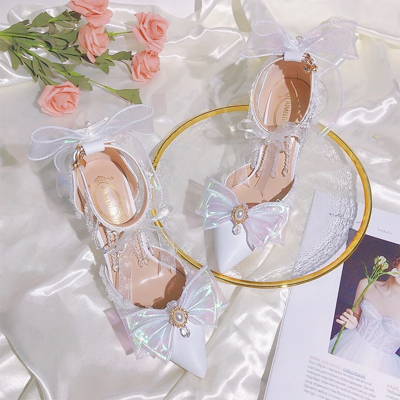 Fantasy Mesh Bowknot Pointed Toe Sandals Sweet Gilr Style Pearl Tassle One-button Ankle Strap Stiletto High Heels Bride Pumps