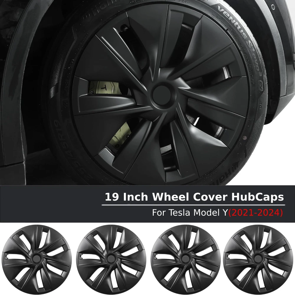 For Tesla Model Y Wheel Cover Hubcap 19 Inch Matte Black Wheel Cover HubCaps Set of 4 (2021-2024)